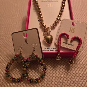3 piece set-gold beaded heart necklace & 2 pairs of earrings, great gift